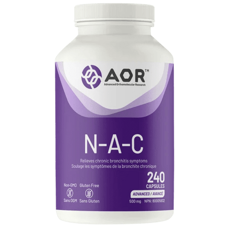 Vitamin supplement bottle labeled 'N-A-C' with AOR branding on a white background - okotoks hc pharmacy