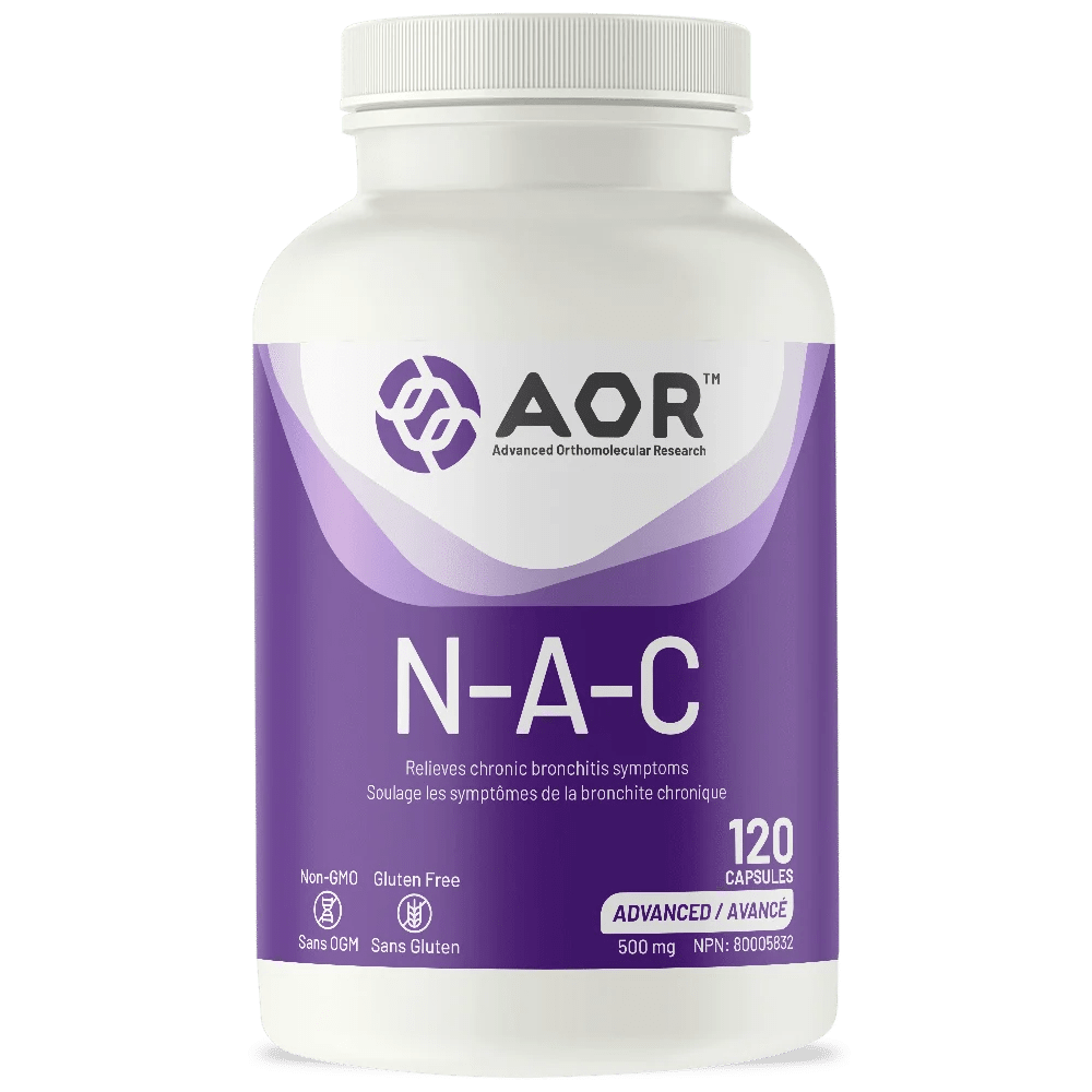 Supplement bottle labeled 'N-A-C' with AOR branding on a white background - okotoks hc pharmacy