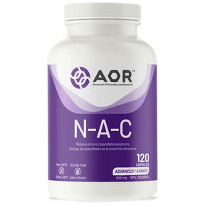 Supplement bottle labeled 'N-A-C' with AOR branding on a white background - okotoks hc pharmacy