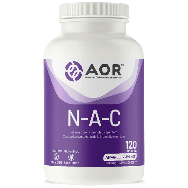 Supplement bottle labeled 'N-A-C' with AOR branding on a white background - okotoks hc pharmacy
