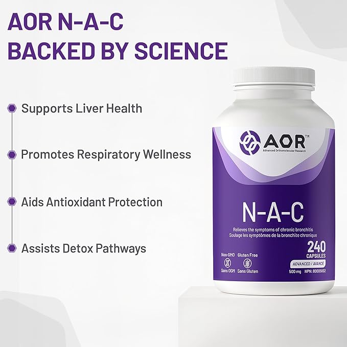 AOR N-A-C supplement bottle with benefits listed on a white background - okotoks hc pharmacy