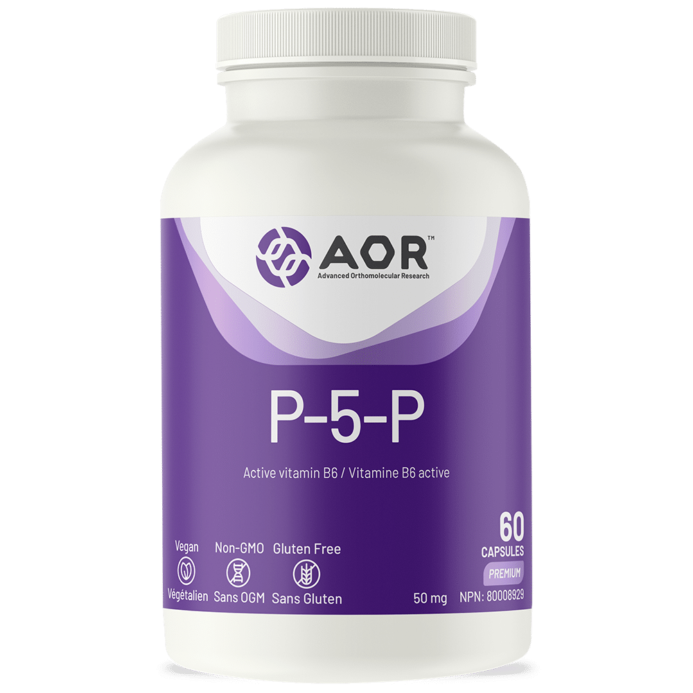 Supplement bottle labeled 'P-5-P' by AOR on a white background - okotoks hc pharmacy