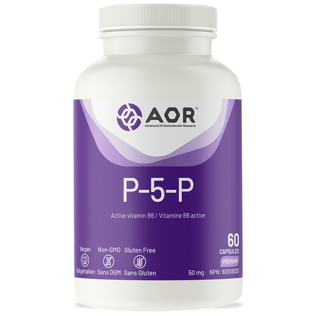 Supplement bottle labeled 'P-5-P' by AOR on a white background - okotoks hc pharmacy