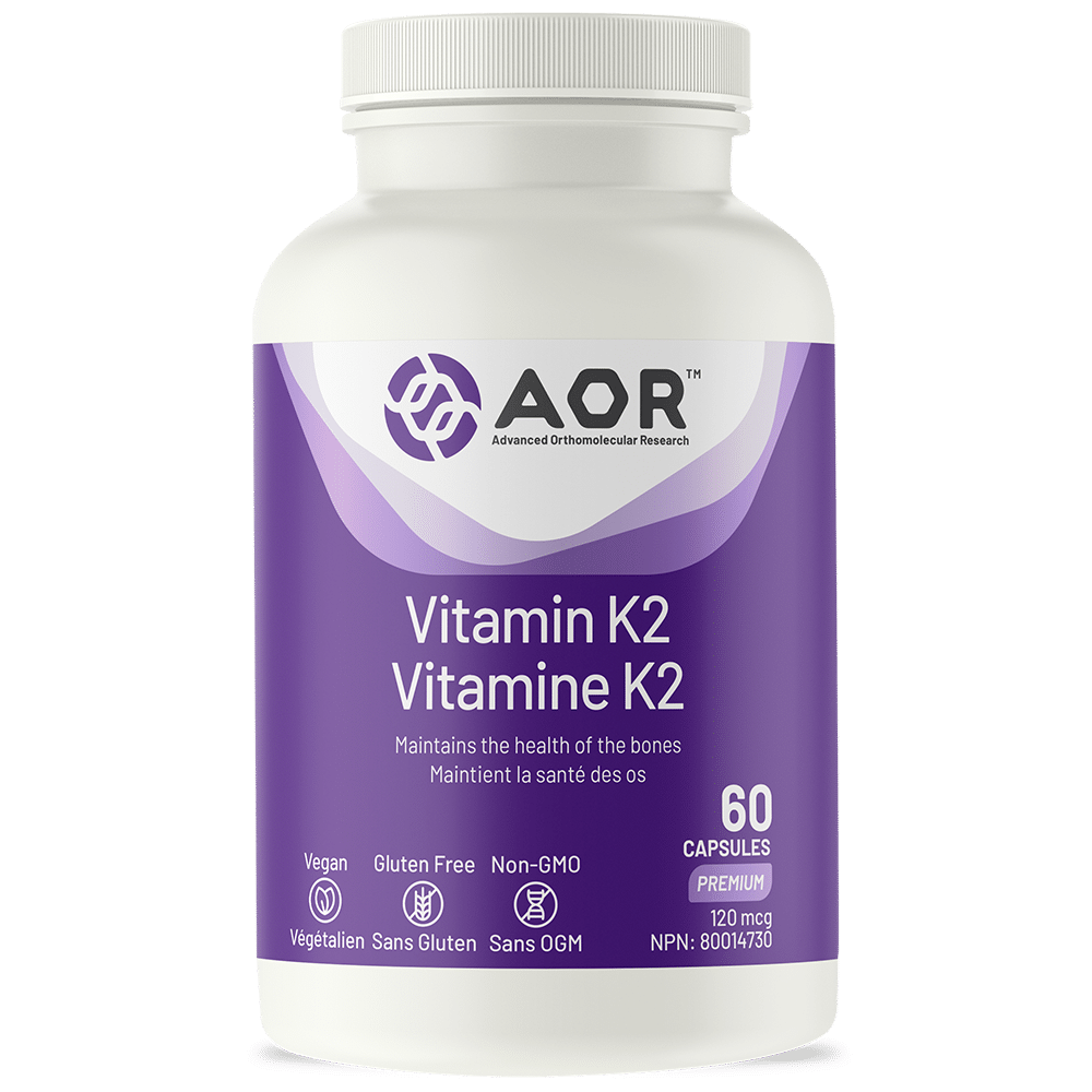 Vitamin K2 supplement bottle with purple label on a white background - okotoks hc pharmacy