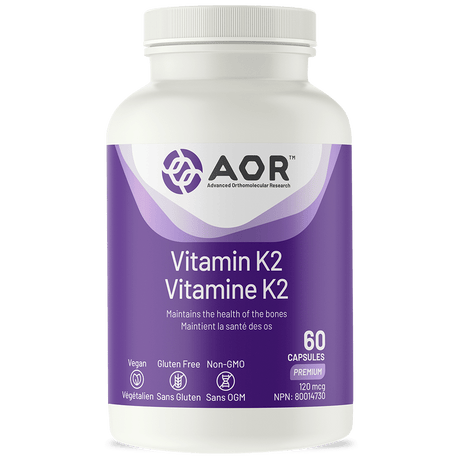 Vitamin K2 supplement bottle with purple label on a white background - okotoks hc pharmacy