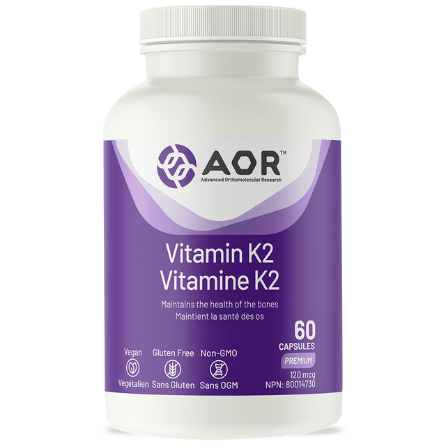 Vitamin K2 supplement bottle with purple label on a white background - okotoks hc pharmacy