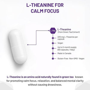 L-Theanine supplement capsule with product details on a white background - okotoks hc pharmacy