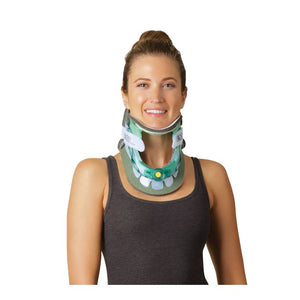Woman wearing a green neck brace against a white background - okotoks hc pharmacy