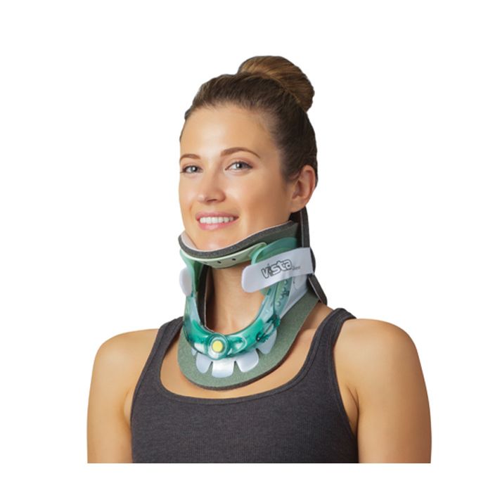 Woman wearing a green neck brace with a white background - okotoks hc pharmacy