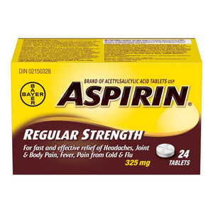 Box of Aspirin regular strength tablets on a white background - Okotoks HC Pharmacy