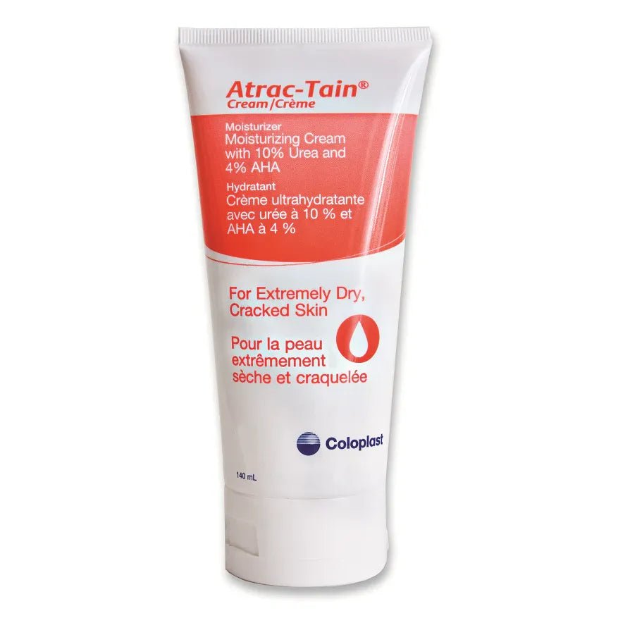 Atrac-Tain moisturizing cream tube with Coloplast branding on a white background - Okotoks HC Pharmacy