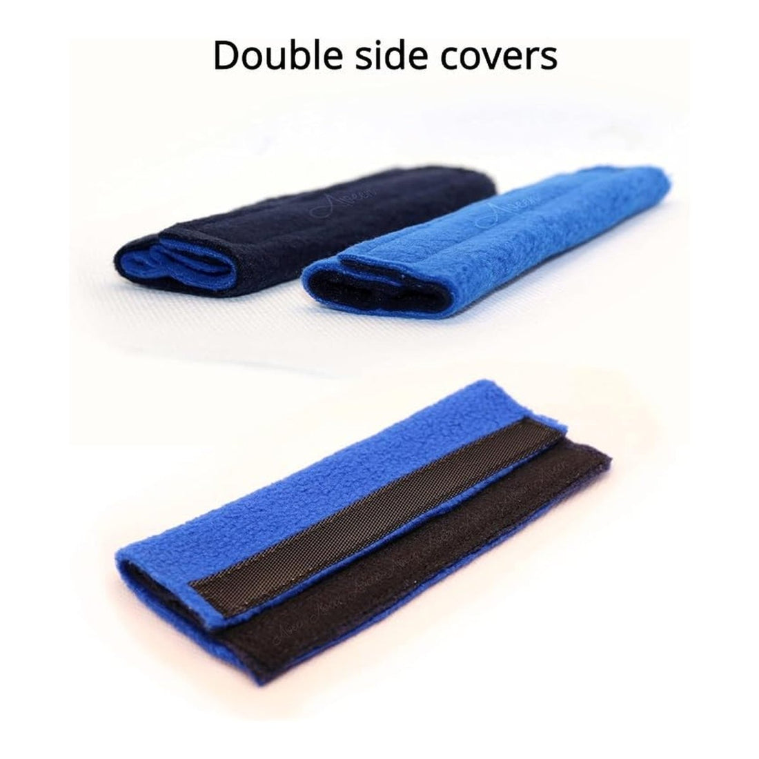 Two pairs of double-sided protective covers, one pair in dark navy blue and one pair in bright blue with a black velcro strap, shown on a white background with the text 'Double side covers' at the top. - okotoks hc pharmacy