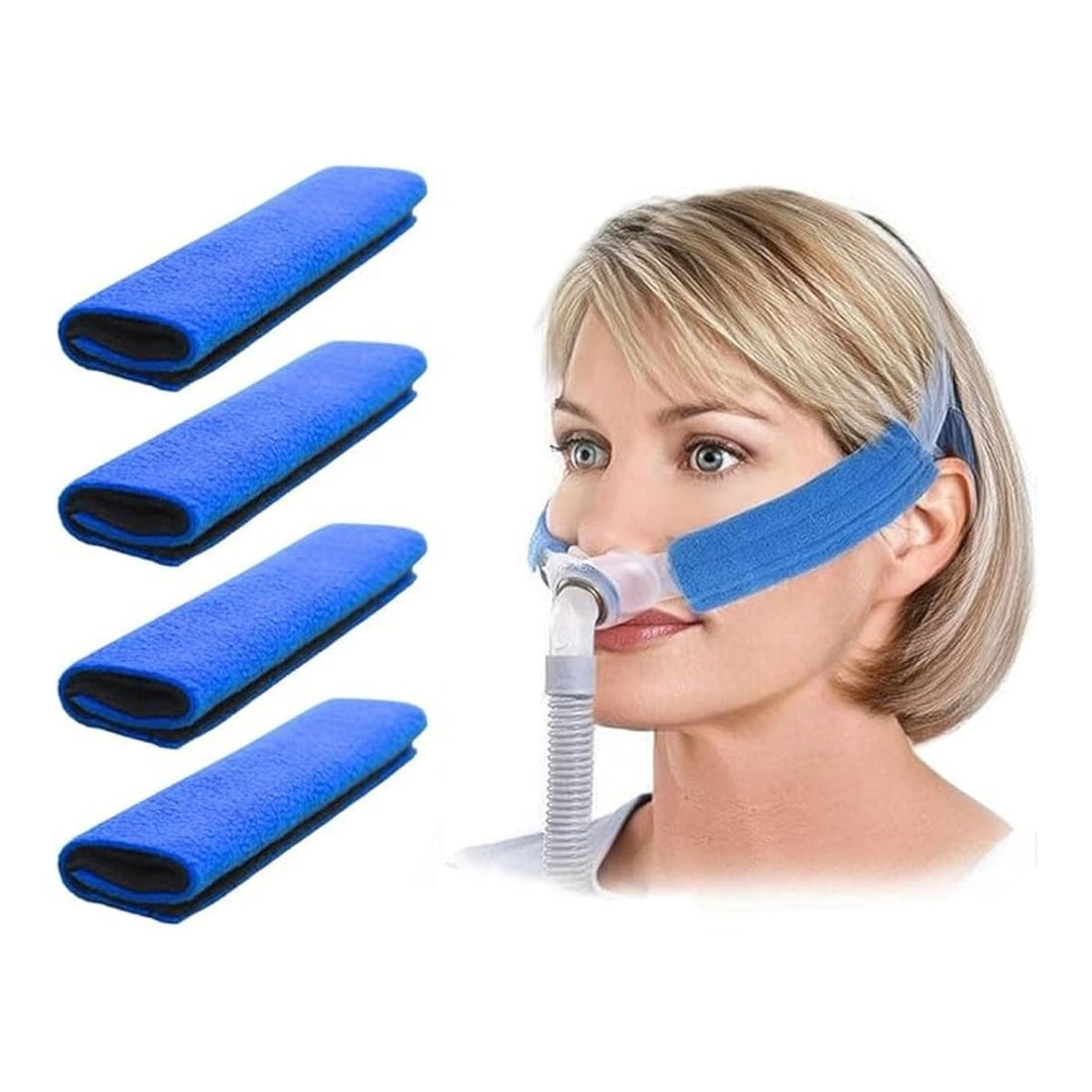 Four blue textured nose mask pads shown next to a blonde woman wearing a blue nasal mask with a breathing tube, on a white background. - okotoks hc pharmacy