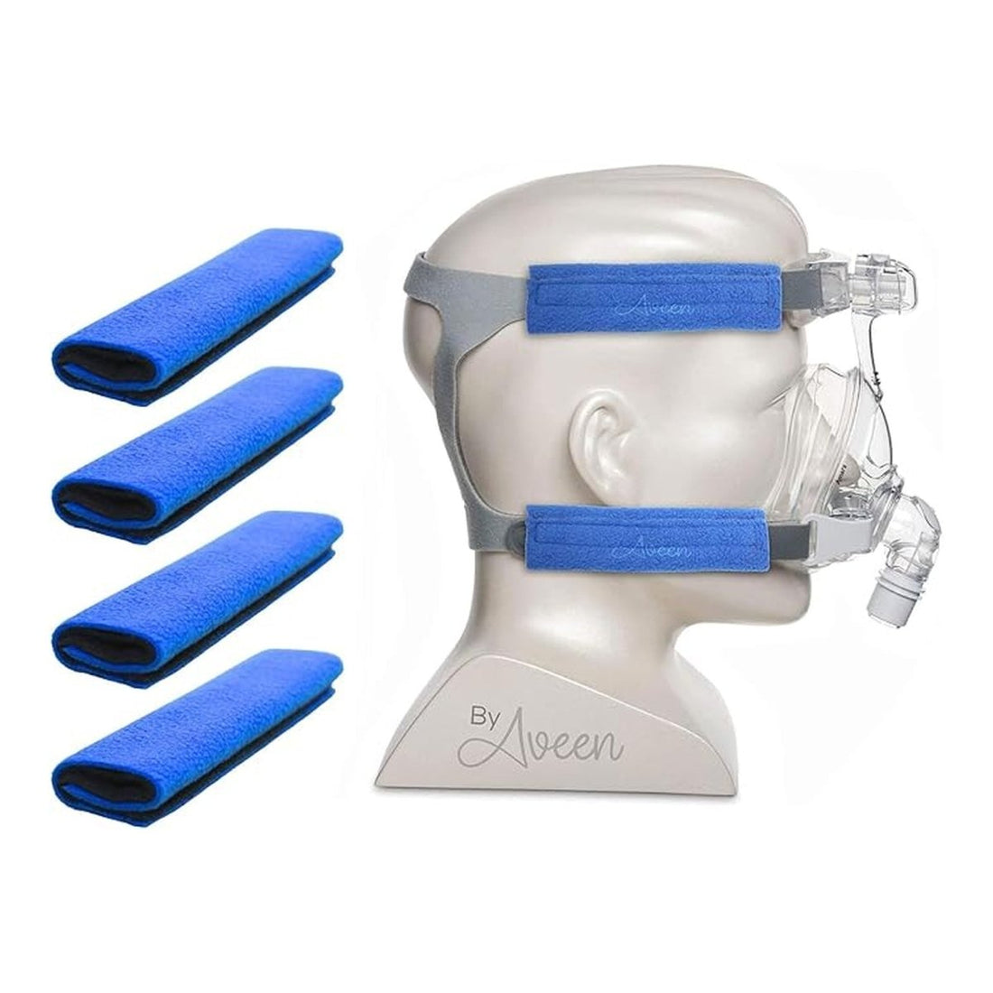 A sleep apnea mask with gray straps and blue cushion pads, displayed on a mannequin head, alongside four matching blue replacement pads on a white background. - okotoks hc pharmacy
