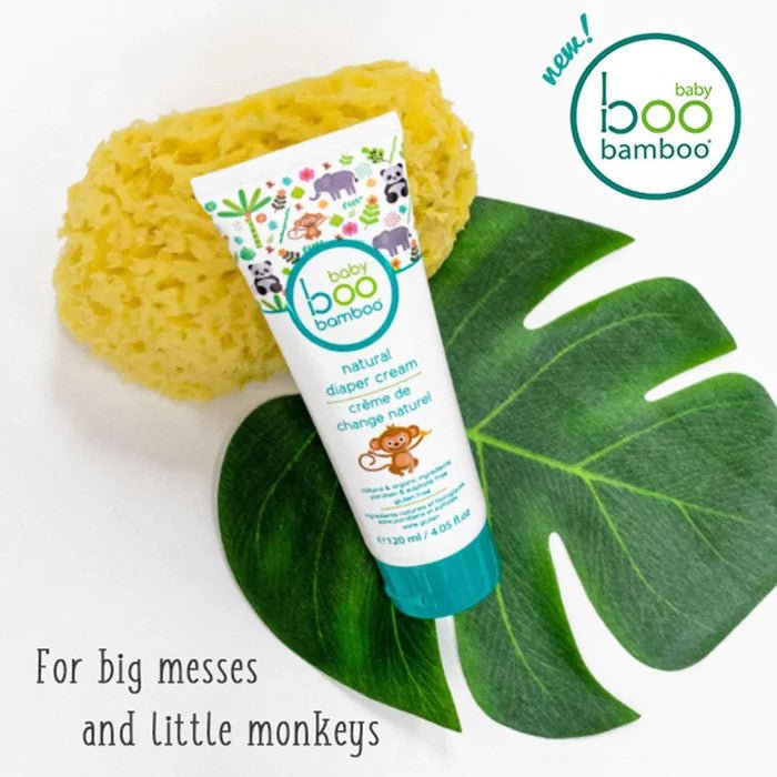 Tube of baby diaper cream with a sponge and leaf on a white background, featuring the 'baby boo bamboo' brand. - okotoks hc pharmacy