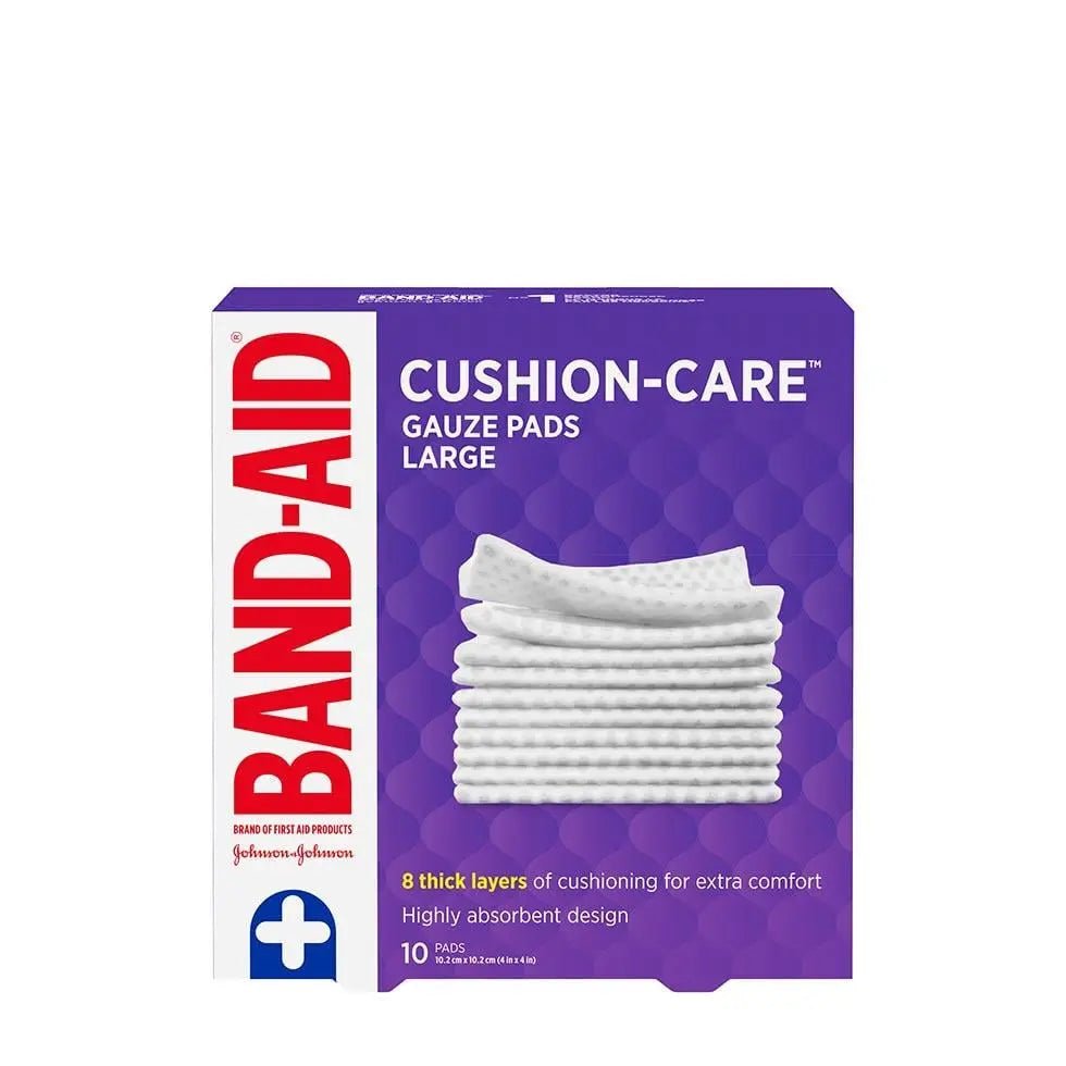 Band-Aid Cushion Care Gauze Pads packaging on a white background - okotoks hc pharmacy