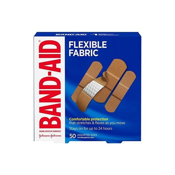 Box of Band-Aid flexible fabric bandages on a white background - okotoks hc pharmacy