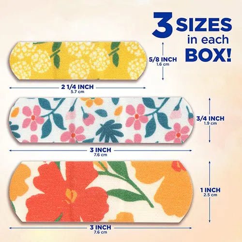 Three floral bandage sizes with measurements on a beige background - okotoks hc pharmacy