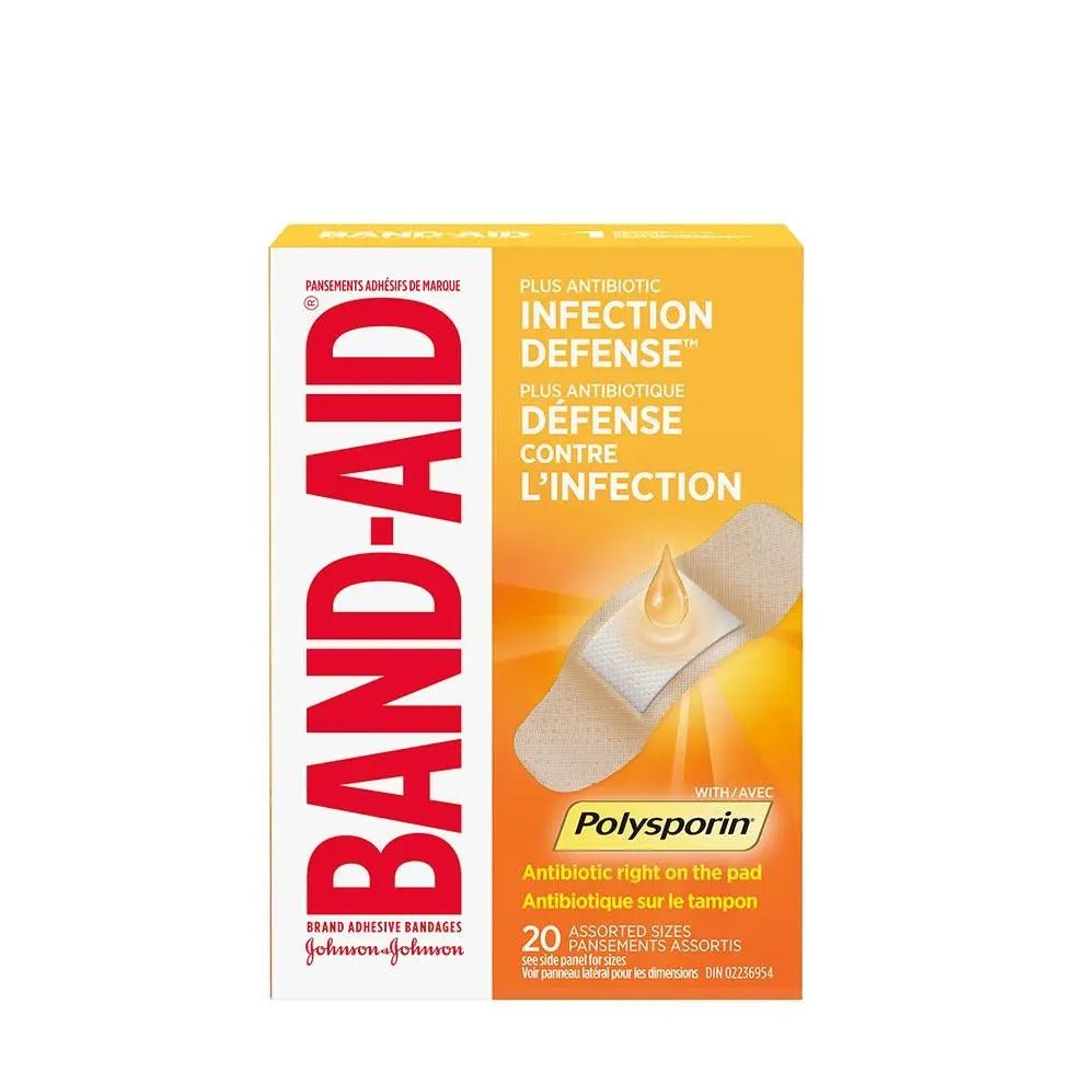 Band-Aid Infection Defense packaging with a bandage illustration on a white background - okotoks hc pharmacy