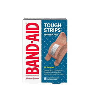 Band-Aid Tough Strips Finger-Care packaging on a white background - okotoks hc pharmacy