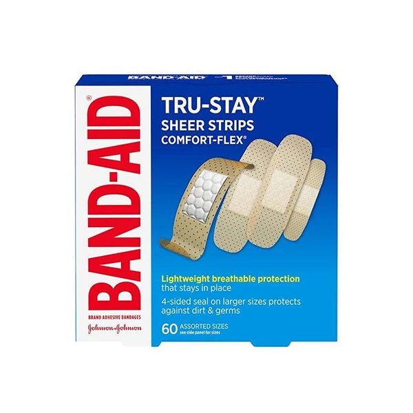 BAND-AID TRU-STAY SHEER STRIPS packaging on a white background - okotoks hc pharmacy