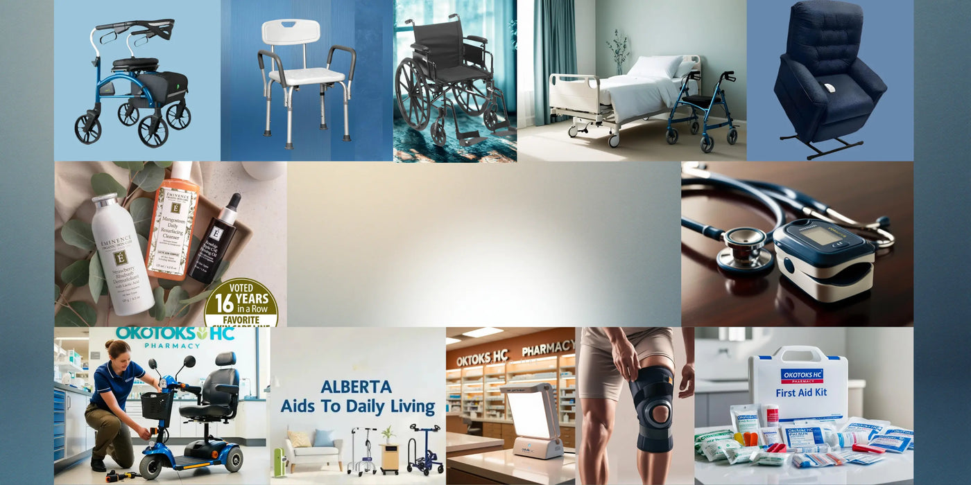 Collage of medical equipment and products with a focus on aids to daily living.