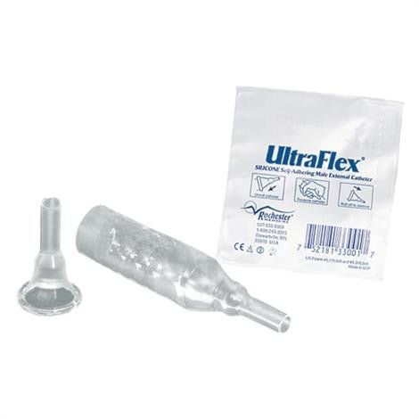 A clear plastic external catheter shown next to its branded UltraFlex packaging bag on a white background. - okotoks hc pharmacy
