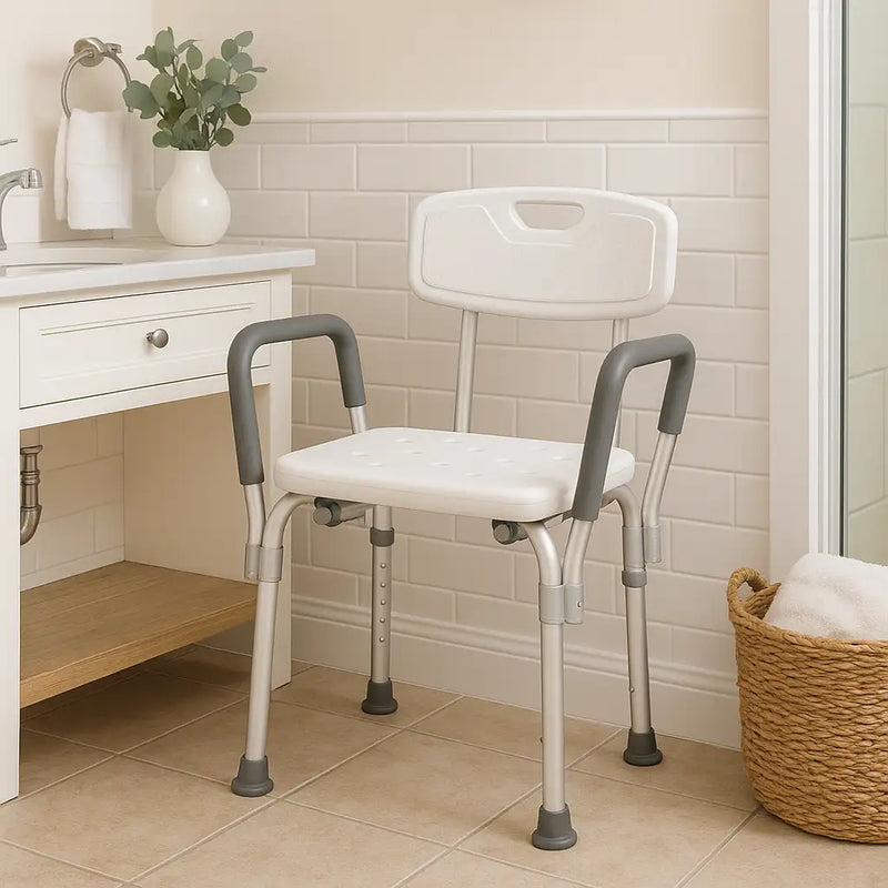 White shower chair with gray arms and legs in a bathroom setting.
