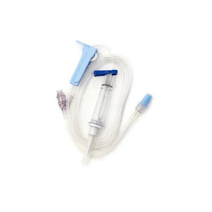 Medical infusion set with clear tubing and blue connectors on a white background - okotoks hc pharmacy