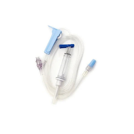 Medical infusion set with clear tubing and blue connectors on a white background - okotoks hc pharmacy