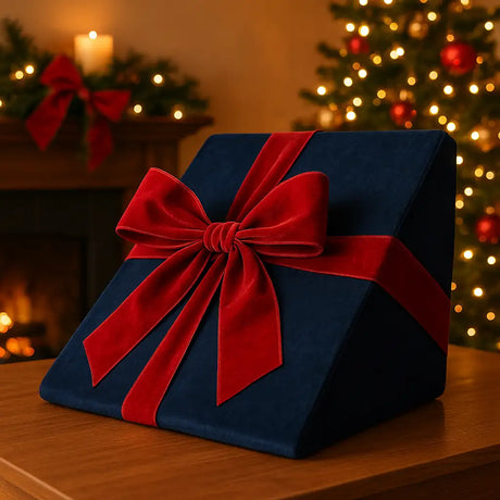 Blue gift box with a red ribbon on a wooden surface with a Christmas tree in the background.