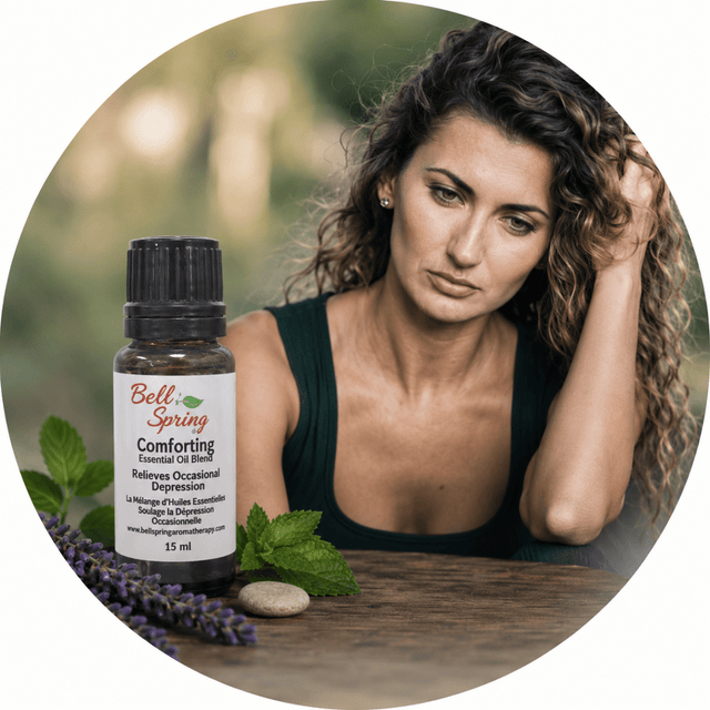 A woman with curly brown hair sits at a wooden table with a bottle of Bell's Spring Comforting Essential Oil Blend, surrounded by green leaves, purple lavender, and a stone, in a circular frame with a blurred green background. - okotoks hc pharmacy