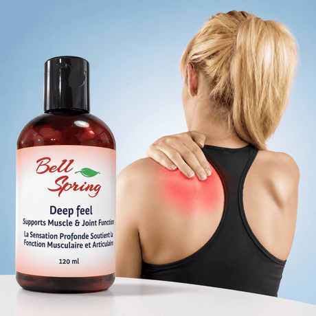 A bottle of Bell Spring Deep Feel joint support liquid next to a blonde woman shown from behind with her hand on her shoulder, with a red heat effect highlighting the shoulder. The background is a clean light blue gradient. - okotoks hc pharmacy