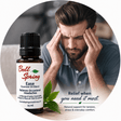 A 15 ml bottle of Bell Spring Ease Essential Oil Blend shown next to a man holding his head in pain, set within a circular frame with marketing text. - okotoks hc pharmacy