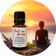 A 15 ml bottle of Bell Spring Equilibrium Yin Yang Blend essential oil placed in front of a circular background graphic showing a woman meditating at sunset with lavender sprigs and mint leaves. - okotoks hc pharmacy