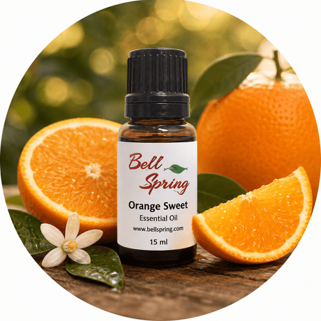 Bell Spring Orange Sweet essential oil bottle with a black cap, set against a circular background of fresh oranges, orange slices, green leaves, and an orange blossom on a wooden surface. - okotoks hc pharmacy