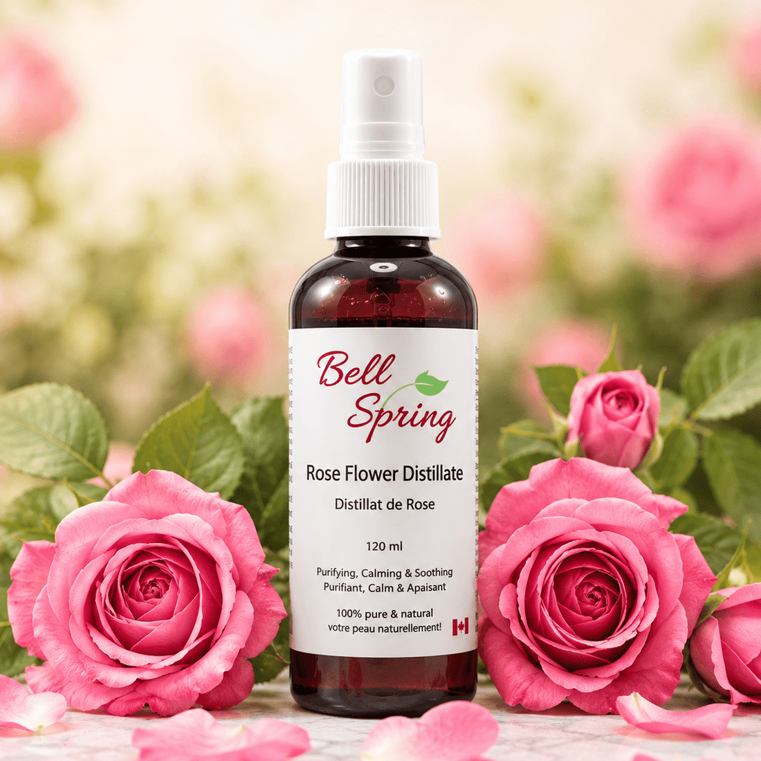 A bottle of Bell Spring Rose Flower Distillate centered on a marble surface, surrounded by fresh pink roses and petals with a soft, blurred garden background. - okotoks hc pharmacy