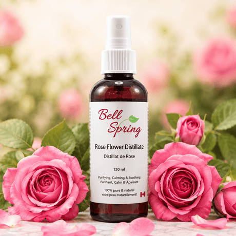 A bottle of Bell Spring Rose Flower Distillate centered on a marble surface, surrounded by fresh pink roses and petals with a soft, blurred garden background. - okotoks hc pharmacy