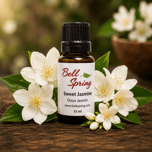 A small amber glass bottle of Bell Spring Sweet Jasmine Doux Jasmin essential oil with a black cap and white label, styled on a wooden surface with white jasmine flowers and green leaves. - okotoks hc pharmacy