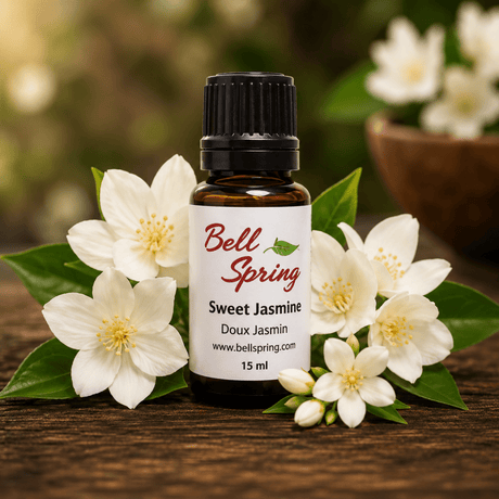 A small amber glass bottle of Bell Spring Sweet Jasmine Doux Jasmin essential oil with a black cap and white label, styled on a wooden surface with white jasmine flowers and green leaves. - okotoks hc pharmacy