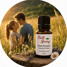 A 15 ml amber glass bottle of Bell Spring Sweet Romance Essential Oil Blend, styled on a rustic wooden log with daisies and lavender. The background is a circular, warm, sunlit outdoor scene of a couple in a field, creating a romantic, spring-themed composition. - okotoks hc pharmacy