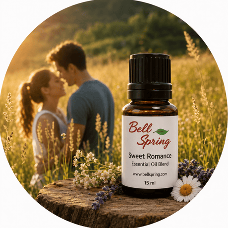 A 15 ml amber glass bottle of Bell Spring Sweet Romance Essential Oil Blend, styled on a rustic wooden log with daisies and lavender. The background is a circular, warm, sunlit outdoor scene of a couple in a field, creating a romantic, spring-themed composition. - okotoks hc pharmacy