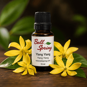 A 15 ml bottle of Bell Spring Ylang Ylang essential oil, styled on a dark wooden surface with fresh yellow flowers and green leaves against a dark, blurred background. - okotoks hc pharmacy