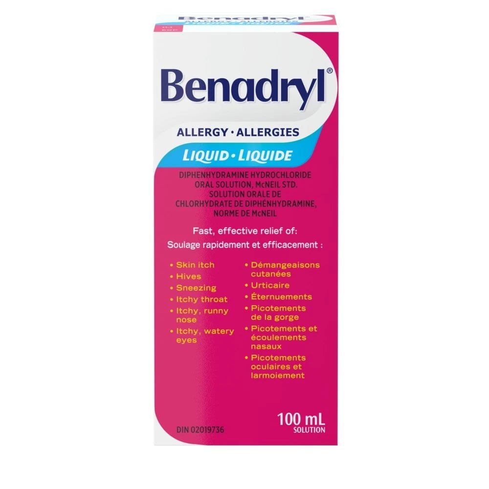 Benadryl allergy relief liquid packaging on a white background - okotoks hc pharmacy