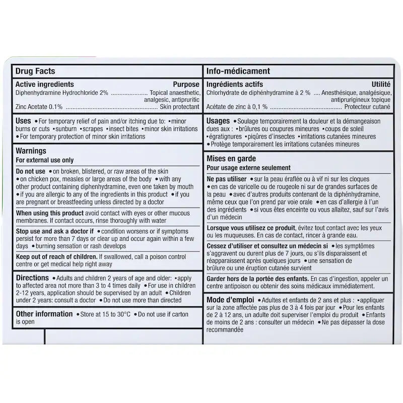 Drug facts label for a topical medication with active ingredients and usage instructions. - okotoks hc pharmacy