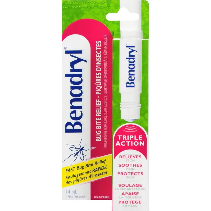 Benadryl bug bite relief packaging with green and white background - okotoks hc pharmacy