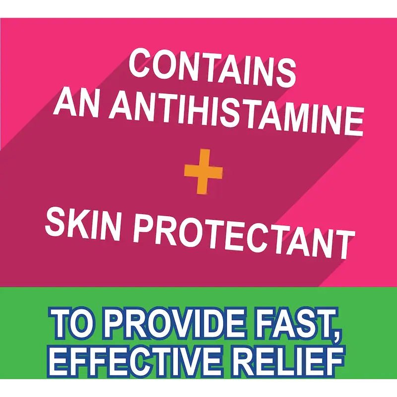 Product label with text about antihistamine and skin protectant on a pink and green background - okotoks hc pharmacy