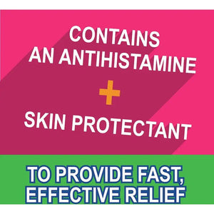 Product label with text about antihistamine and skin protectant on a pink and green background - okotoks hc pharmacy