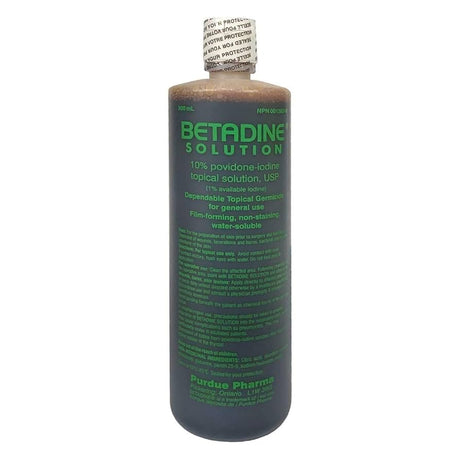 Bottle of Betadine Solution with Purdue Pharma branding on a white background - Okotoks HC Pharmacy