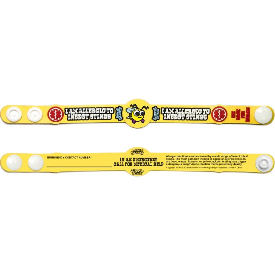 Allergy alert bands with cartoon character and text on a yellow background - okotoks hc pharmacy